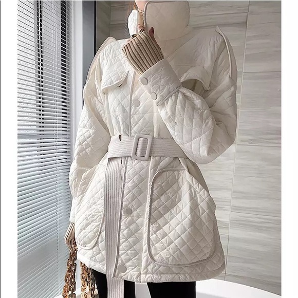 Quilted Jacket coat pocket belt British fashion white button winter outerwear - Picture 13 of 13